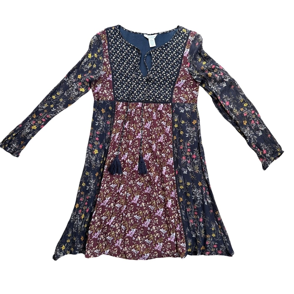 Sundance Floral Patchwork Dress Womens S Navy Burgundy Excellent Boho Tassel